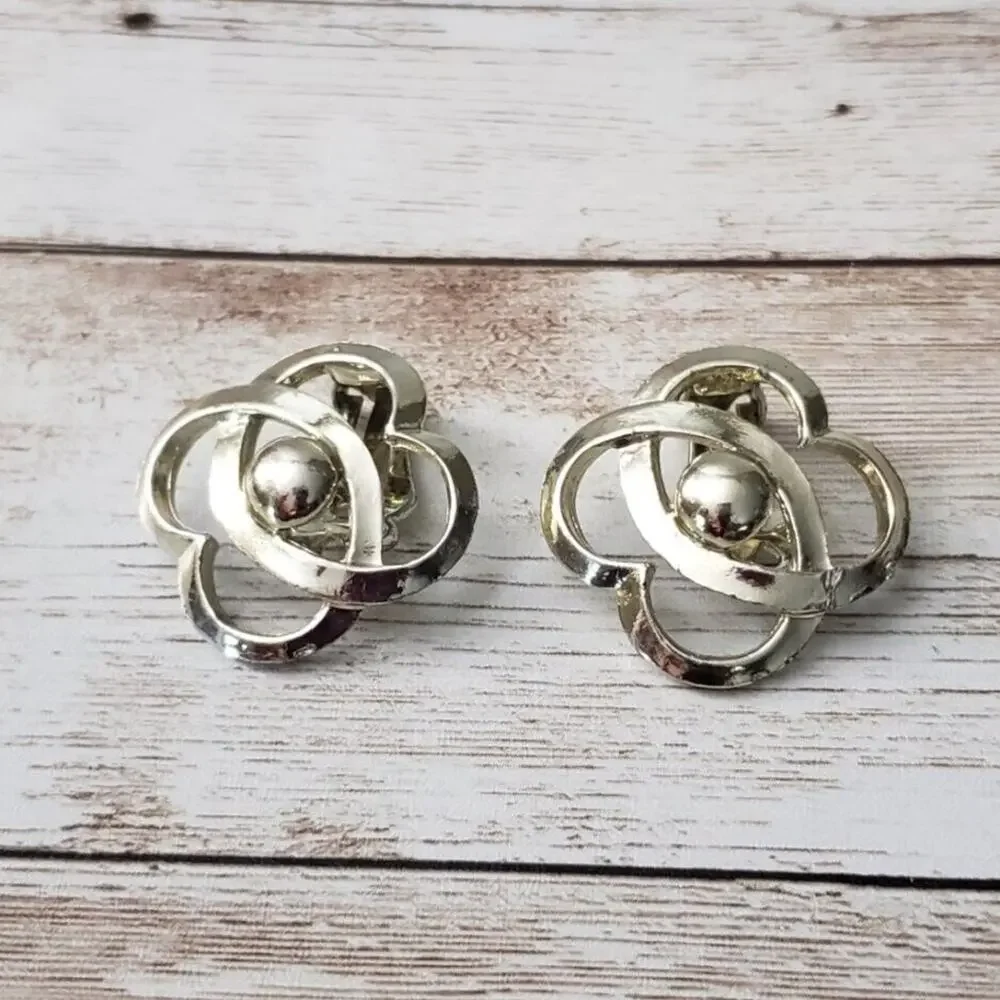 Vintage Clip On Earrings-  Interlocking 4 Point Flower Design Light Gold Tone